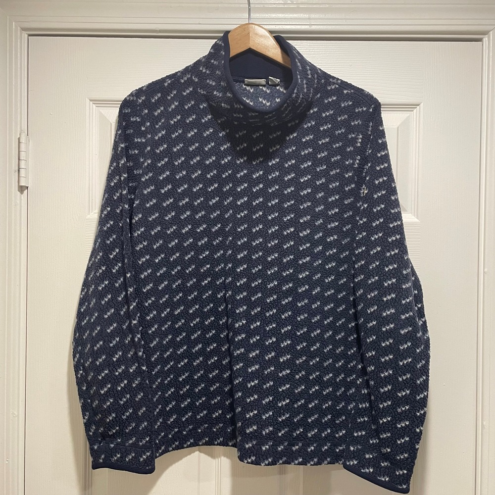 LL Bean Womens Fleece Pullover XL Navy Blue Polyester Geometric Funnel Neck Top